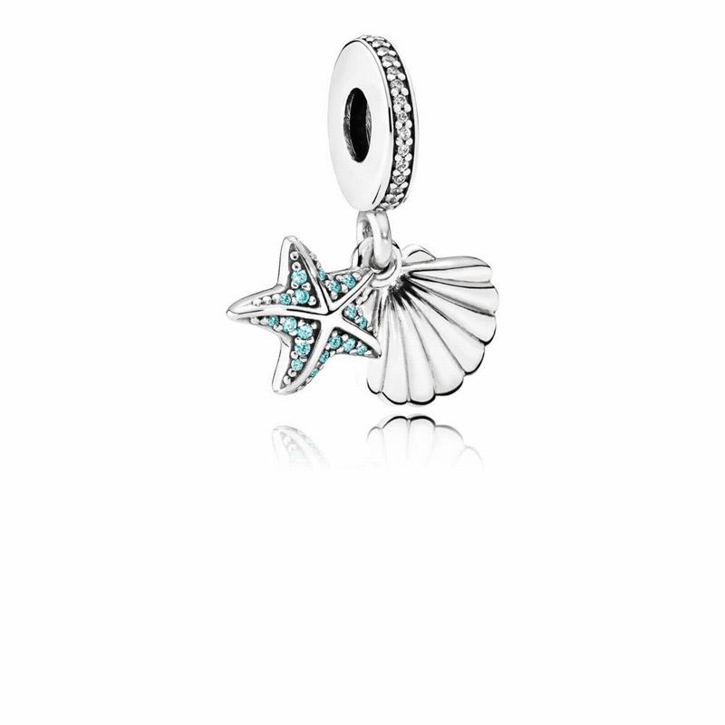 Pandora Tropical Starfish & Sea Shell Dangle Charm Ireland - Sterling Silver/Blue/Cubic Zirconia - 2